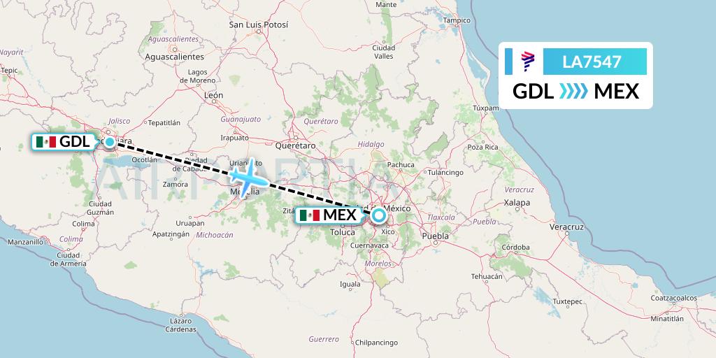 LA7547 LAN Airlines Flight Map: Guadalajara to Mexico City