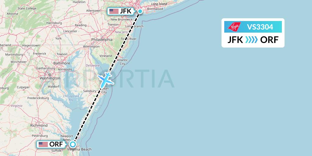 VS3304 Virgin Atlantic Airways Flight Map: New York to Norfolk