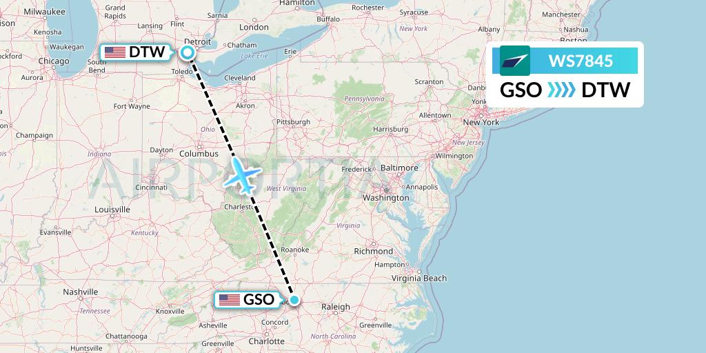 WS7845 WestJet Flight Map: Greensboro to Detroit