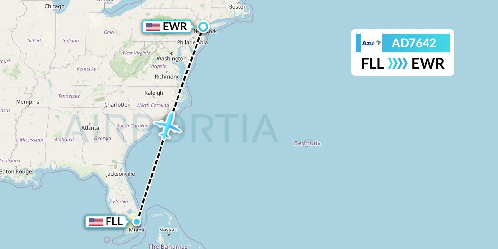 AD7642 Azul Brazilian Airlines Flight Map: Fort Lauderdale to New York