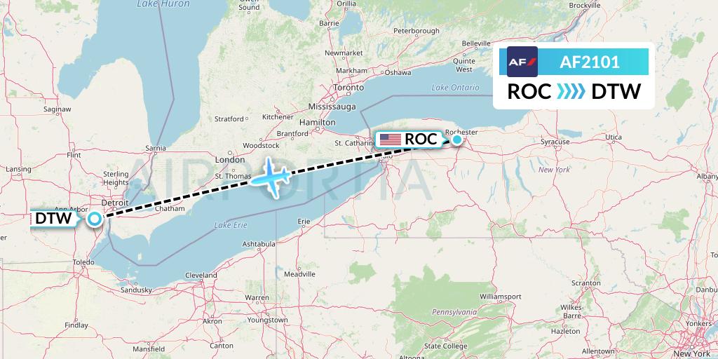 AF2101 Air France Flight Map: Rochester to Detroit