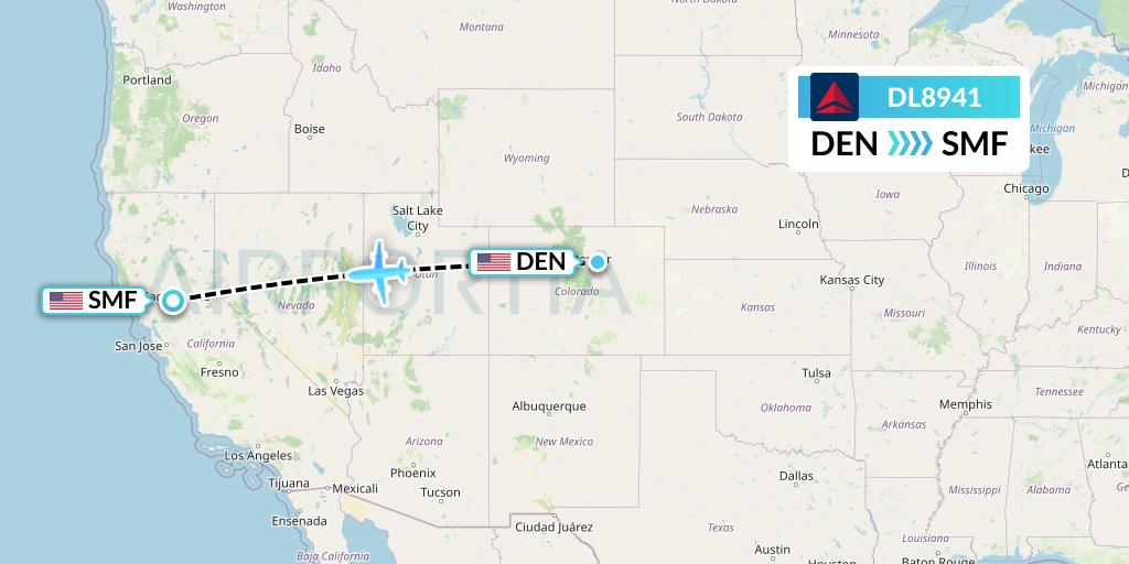 DL8941 Delta Air Lines Flight Map: Denver to Sacramento