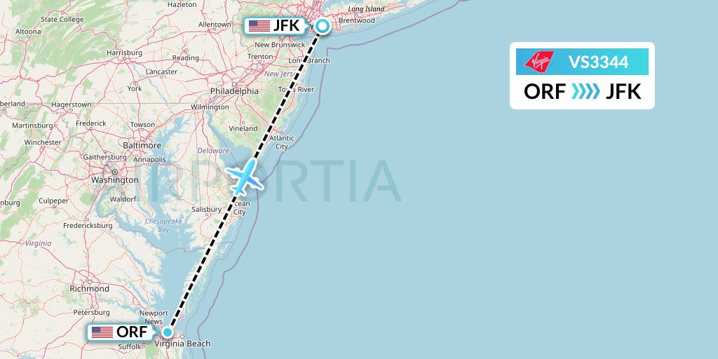 VS3344 Virgin Atlantic Airways Flight Map: Norfolk to New York
