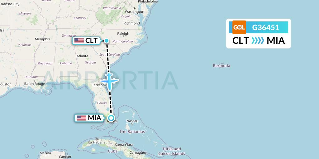 G36451 GOL Transportes Aeros Flight Map: Charlotte to Miami