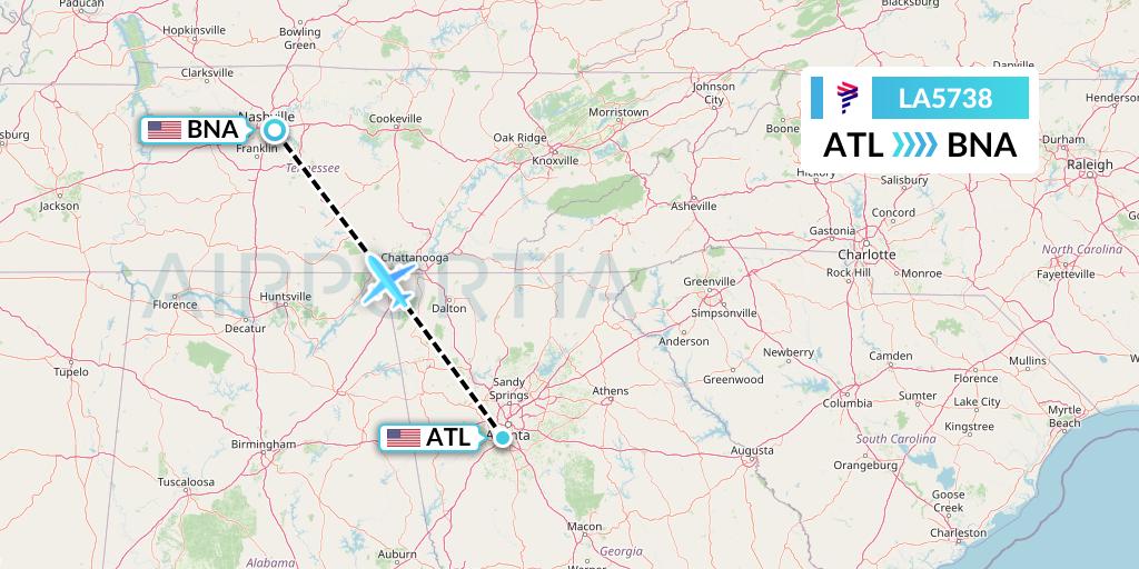 LA5738 LAN Airlines Flight Map: Atlanta to Nashville