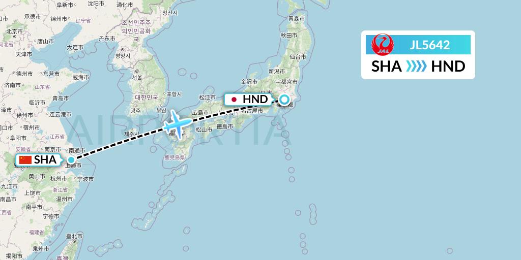 JL5642 Japan Airlines Flight Map: Shanghai to Tokyo