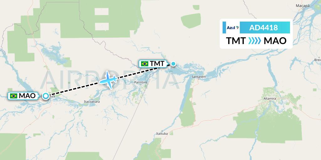 AD4418 Azul Brazilian Airlines Flight Map: Porto Trombetas to Manaus