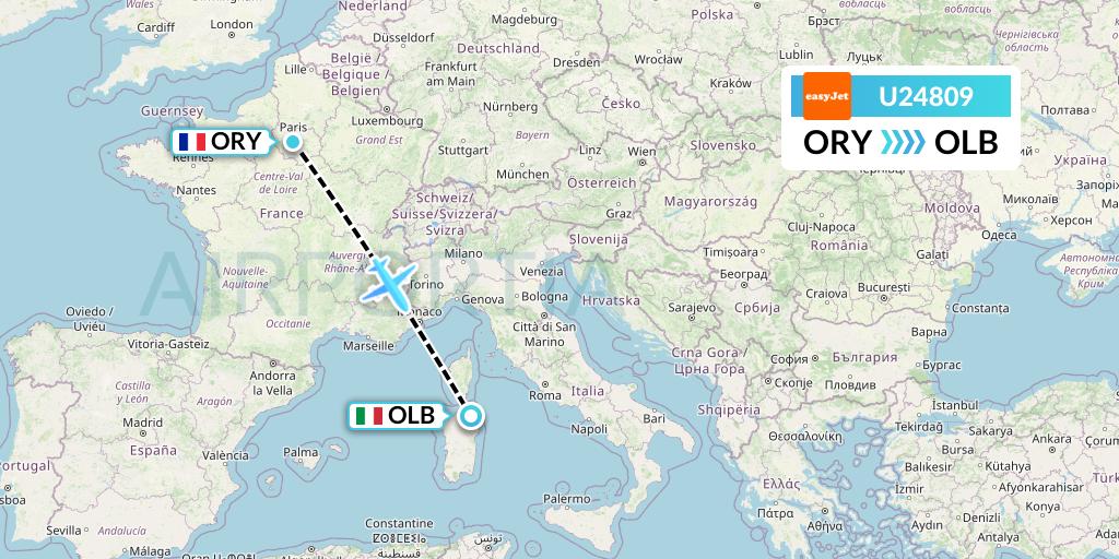 U24809 EasyJet Flight Map: Paris to Olbia
