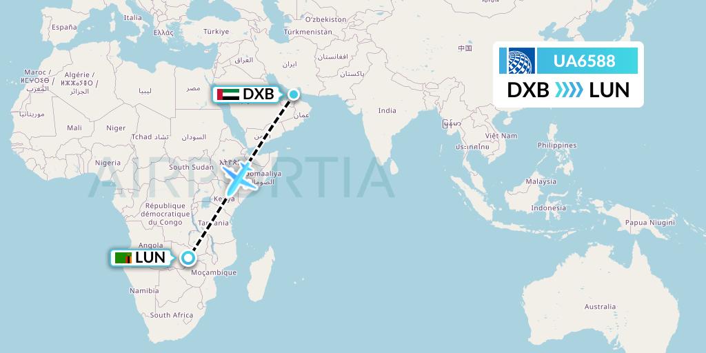 UA6588 United Airlines Flight Map: Dubai to Lusaka