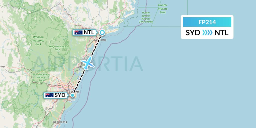 FP214 FlyPelican Flight Map: Sydney to Newcastle