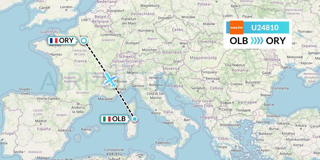 U24810 EasyJet Flight Map: Olbia to Paris