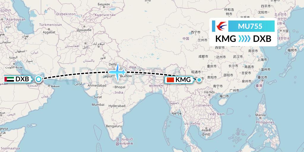 MU755 China Eastern Airlines Flight Map: Kunming to Dubai