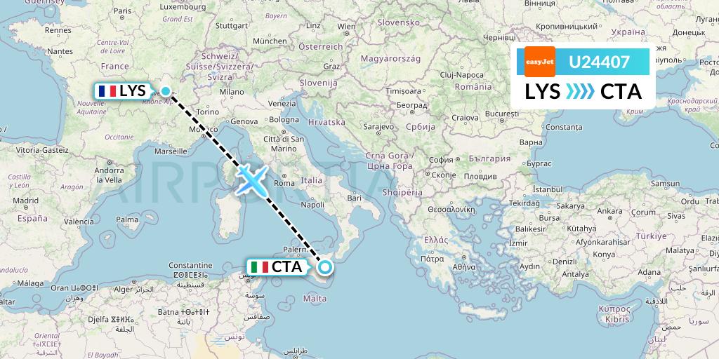 U24407 EasyJet Flight Map: Lyon to Catania