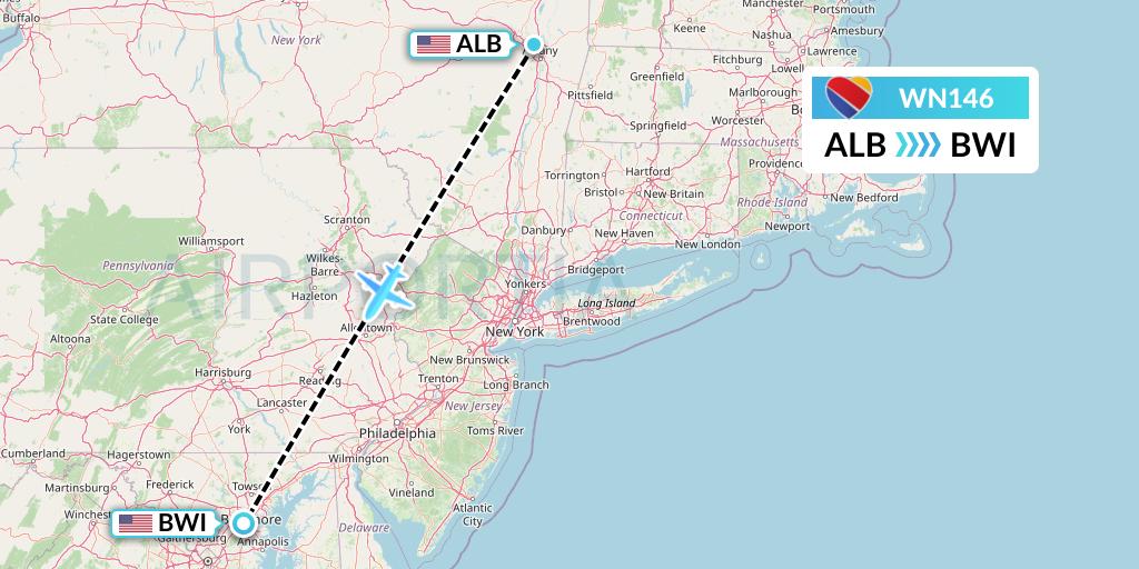 WN146 Southwest Airlines Flight Map: Albany to Baltimore