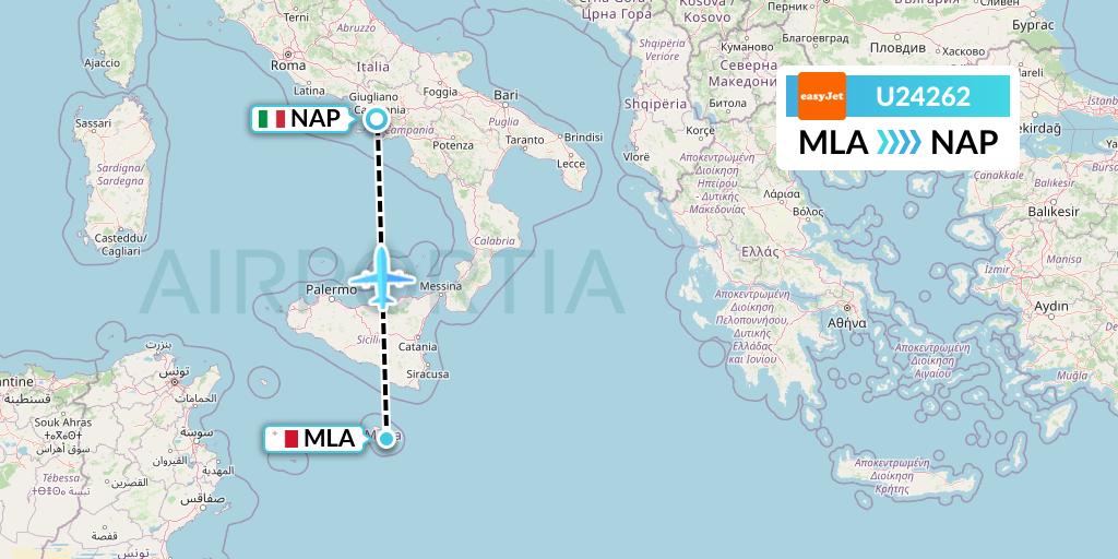 U24262 EasyJet Flight Map: Malta to Naples