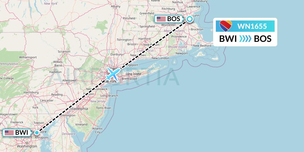 WN1655 Southwest Airlines Flight Map: Baltimore to Boston