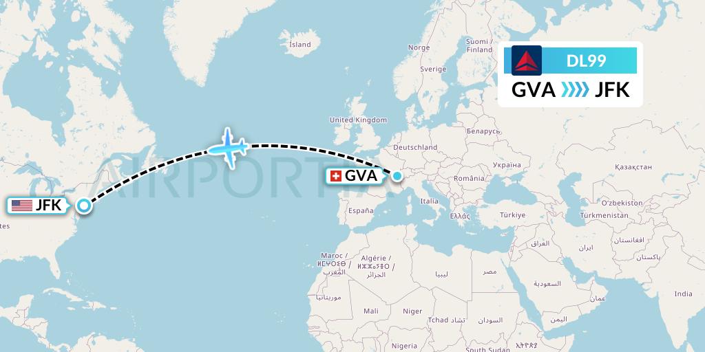 DL99 Delta Air Lines Flight Map: Geneva to New York