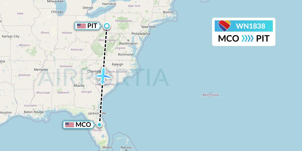 WN1838 Southwest Airlines Flight Map: Orlando to Pittsburgh