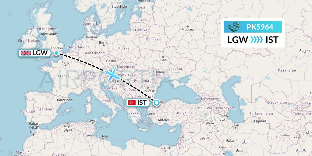 PK5964 Pakistan International Airlines Flight Map: London to Istanbul