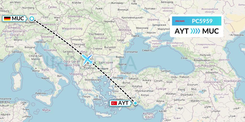 PC5959 Pegasus Airlines Flight Map: Antalya to Munich