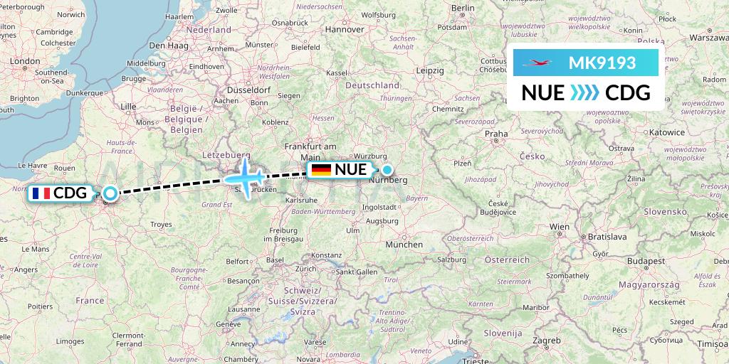 MK9193 Air Mauritius Flight Map: Nurnberg to Paris