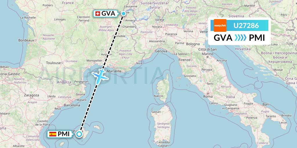 U27286 EasyJet Flight Map: Geneva to Palma de Mallorca