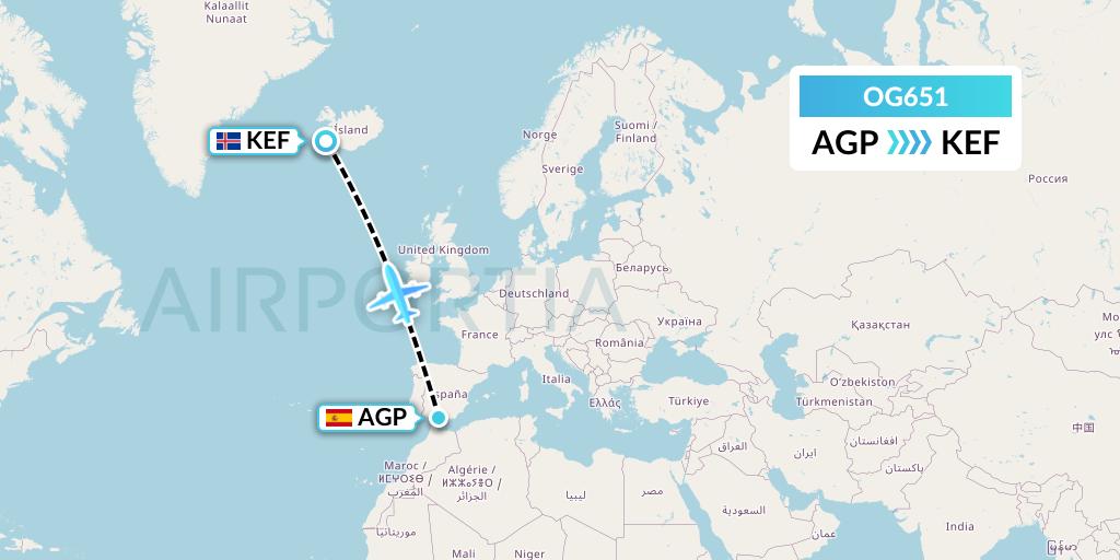 OG651 Fly Play Flight Map: Malaga to Reykjavik