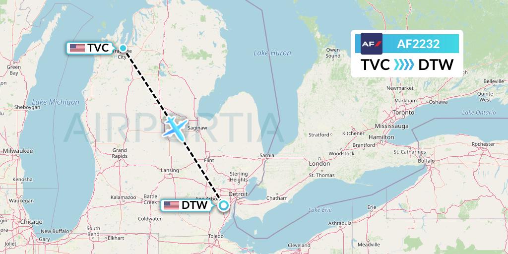 AF2232 Air France Flight Map: Traverse City to Detroit