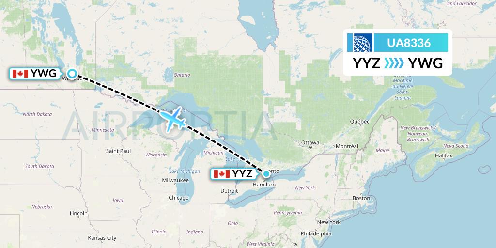 UA8336 United Airlines Flight Map: Toronto to Winnipeg