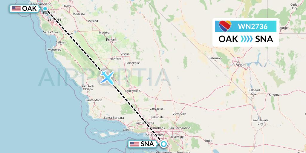 WN2736 Southwest Airlines Flight Map: Oakland to Orange County