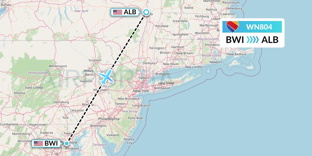 WN804 Southwest Airlines Flight Map: Baltimore to Albany