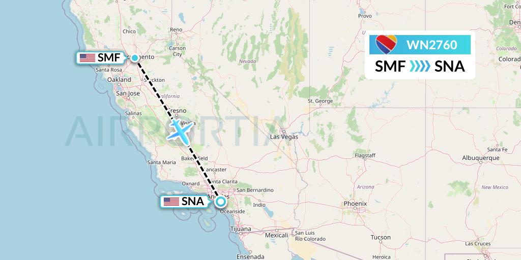 WN2760 Southwest Airlines Flight Map: Sacramento to Orange County