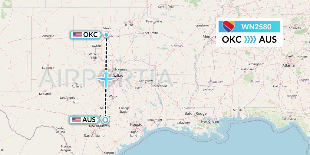 WN2580 Southwest Airlines Flight Map: Oklahoma City to Austin