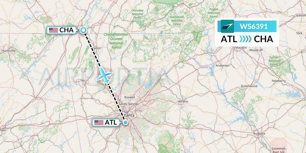 WS6391 WestJet Flight Map: Atlanta to Chattanooga
