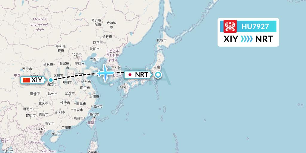 HU7927 Hainan Airlines Flight Map: Xi'an to Tokyo