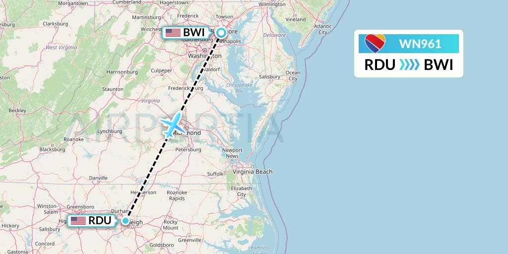 WN961 Southwest Airlines Flight Map: Raleigh-Durham to Baltimore