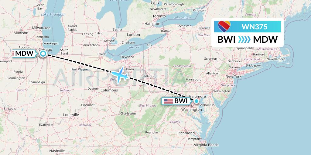 WN375 Southwest Airlines Flight Map: Baltimore to Chicago
