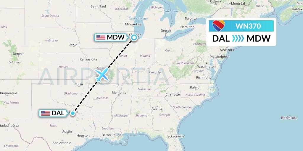 WN370 Southwest Airlines Flight Map: Dallas to Chicago