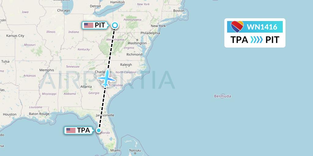 WN1416 Southwest Airlines Flight Map: Tampa to Pittsburgh