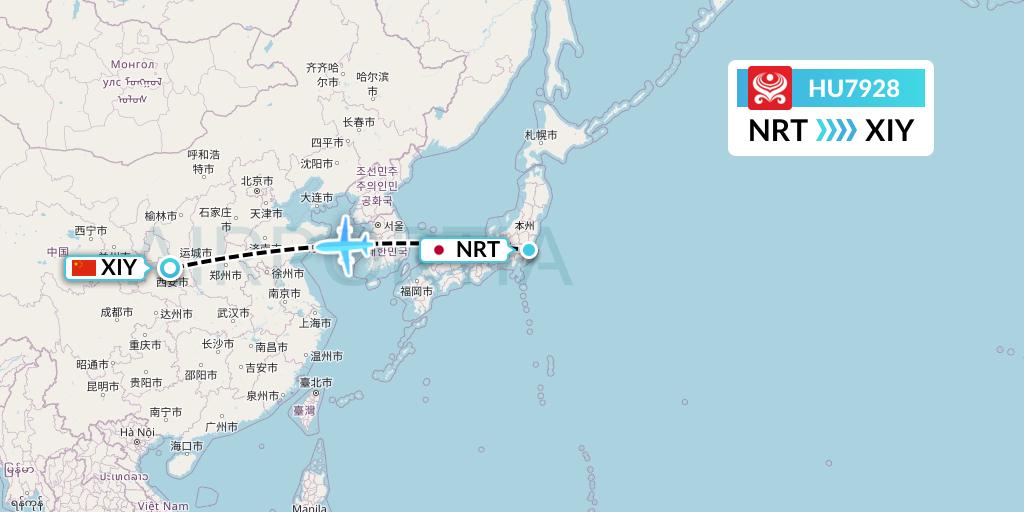 HU7928 Hainan Airlines Flight Map: Tokyo to Xi'an