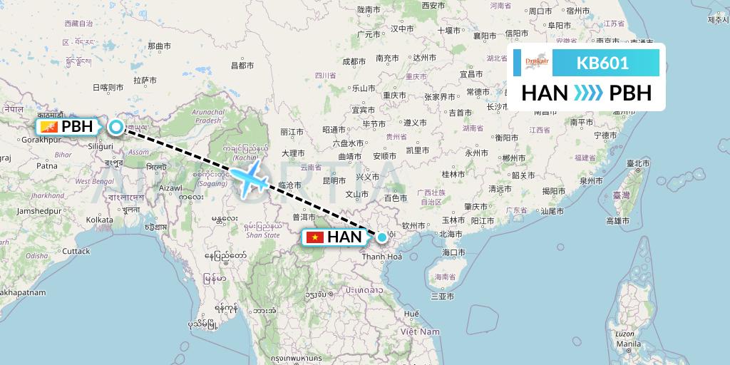 KB601 Druk Air Flight Map: Hanoi to Paro