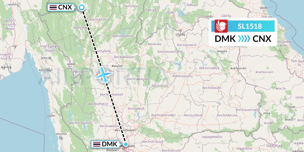 SL1518 Thai Lion Air Flight Map: Bangkok to Chiang Mai