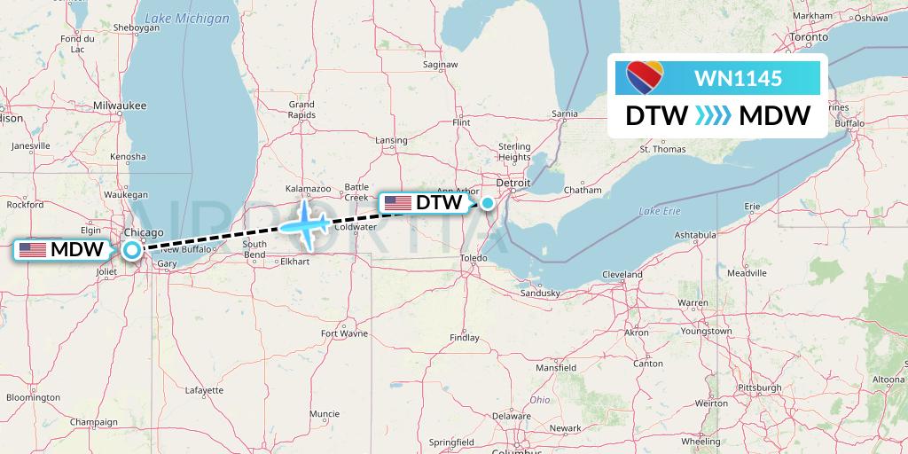 WN1145 Southwest Airlines Flight Map: Detroit to Chicago