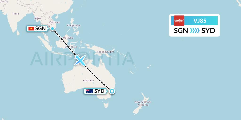 VJ85 VietJet Air Flight Map: Ho Chi Minh City to Sydney