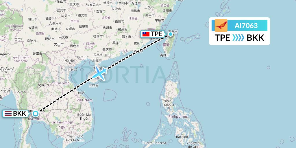 AI7063 Air India Flight Map: Taipei to Bangkok