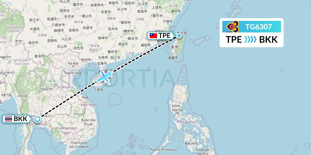 TG6307 Thai Airways Flight Map: Taipei to Bangkok