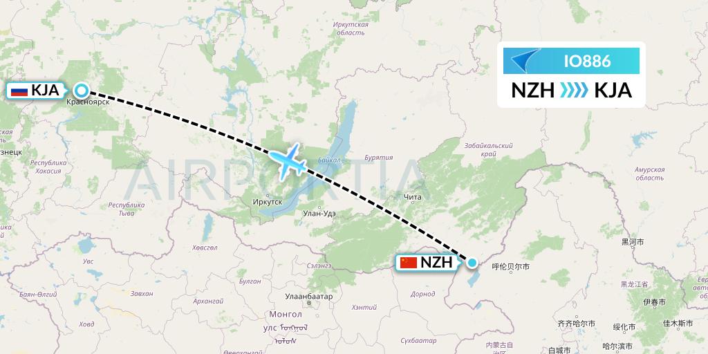 IO886 IrAero Flight Map: Manzhouli to Krasnoyarsk
