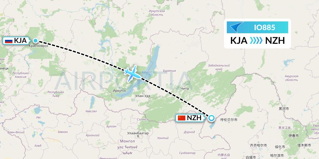 IO885 IrAero Flight Map: Krasnoyarsk to Manzhouli