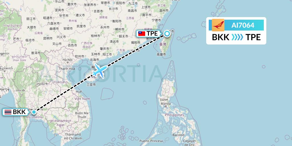 AI7064 Air India Flight Map: Bangkok to Taipei