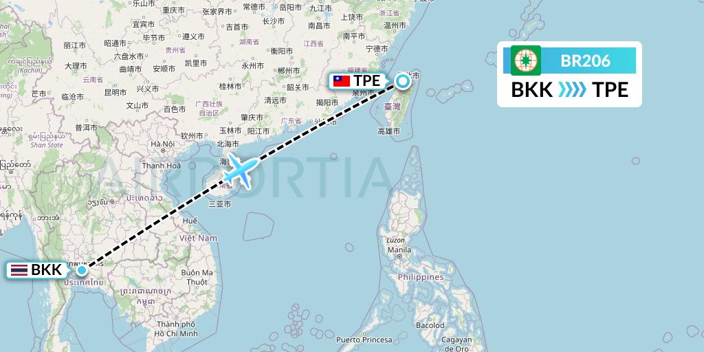 BR206 EVA Air Flight Map: Bangkok to Taipei